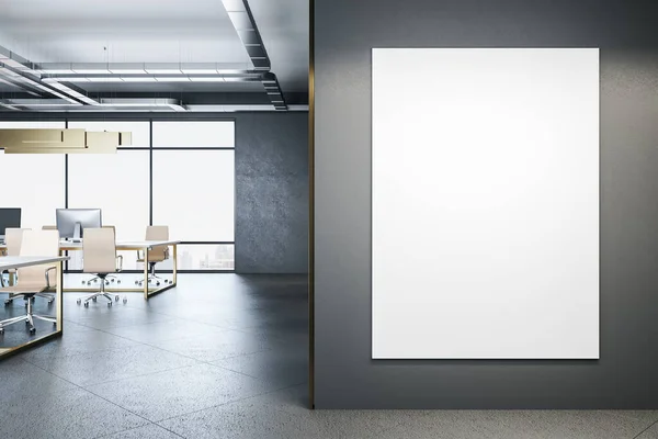 Coworking Büroeinrichtung Mit Leerem Poster Wand Tageslicht Möbeln Und Geräten — Stockfoto