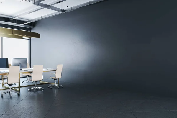 Minimalistisk Coworking Office Interiør Med Tom Grå Vegg Dagslys Møbler – stockfoto