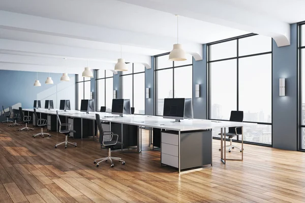 最简约的办公室室内 配有电脑和木制地板 职业和工人概念 3D渲染 — 图库照片