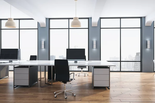 Computers Contemporary Office Interior Wooden Floor Creative Designer Desktop Rendering — 스톡 사진