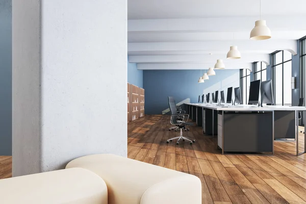 Coworking Escritório Interior Branco Com Computador Móveis Parede Branco Renderização — Fotografia de Stock