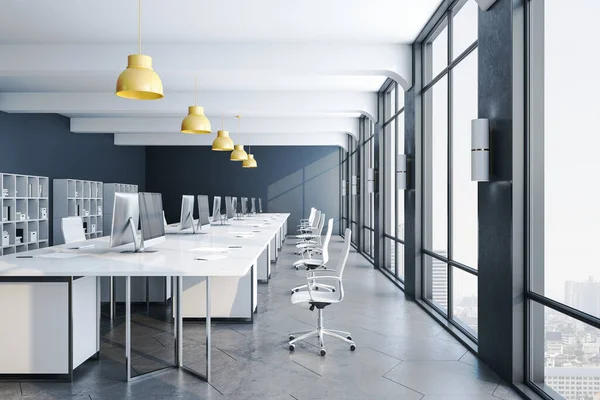 Moderne Coworking Office Interieur Met Computers Zakelijk Teamwork Concept Rendering — Stockfoto