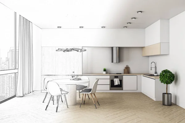 Drawing loft kitchen interior with furniture and sunlight. Design and style concept. 3d rendering