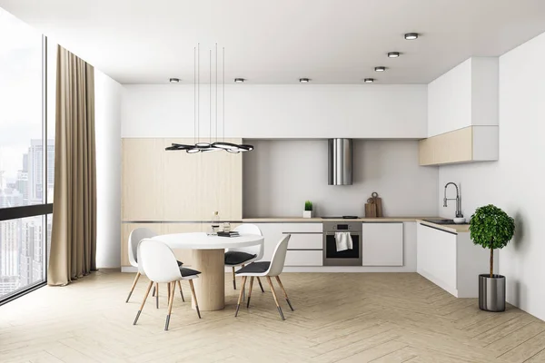 Lumineux Intérieur Cuisine Moderne Avec Mobilier Vue Sur Ville Rendu — Photo