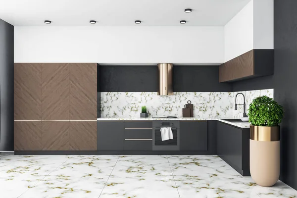 Contemporary Wooden Kitchen Studio Interor Green Plant Design Style Concept — Stock Photo, Image