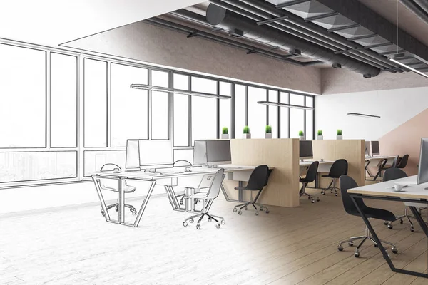Dibujo Moderno Interior Oficina Coworking Con Ordenadores Vista Ciudad Lugar — Foto de Stock