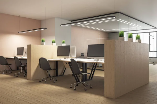 Moderne Coworking Office Interiør Med Datamaskiner Møbler Arbeidsplass Organisasjonskonsept Gjengivelse – stockfoto