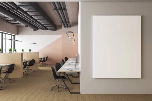 现代化的同事办公室内部 墙上贴着空白的海报 工作场所和公司概念 3D渲染 — 图库照片