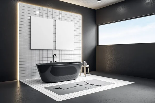 Luxury bathroom with two blank banners on wall and self care products. Style and hygiene concept. Mock up. 3d rendering