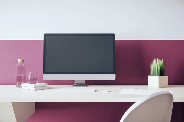 Modern Designer Skrivbord Med Tom Svart Datorskärm Begreppet Arbetsplats Och — Stockfoto