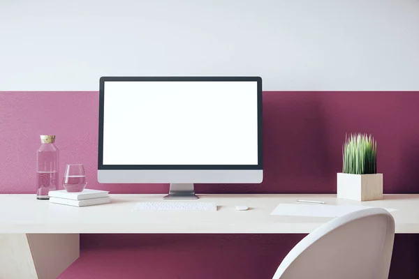 Contemporary designer desktop with empty black computer screen. Workplace and lifestyle concept. Mock up, 3D Rendering