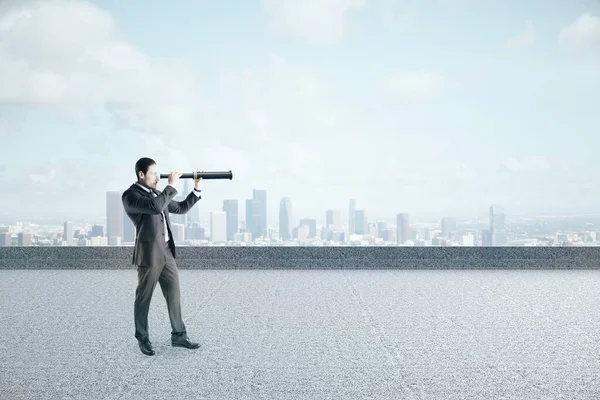 Businessman Looking Distance Telescope Sky Background Copy Space Vision Challenge — Stock Photo, Image