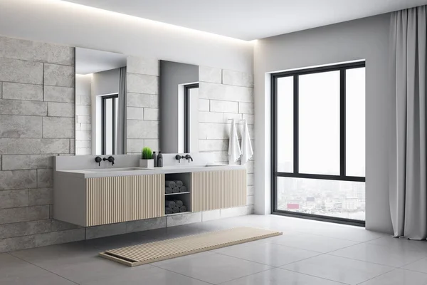 Moderno Loft Baño Interior Con Espejo Cómoda Bañera Estilo Concepto — Foto de Stock