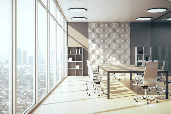 Luxury meeting office room with city view. Workplace and corporate concept. 3D Rendering