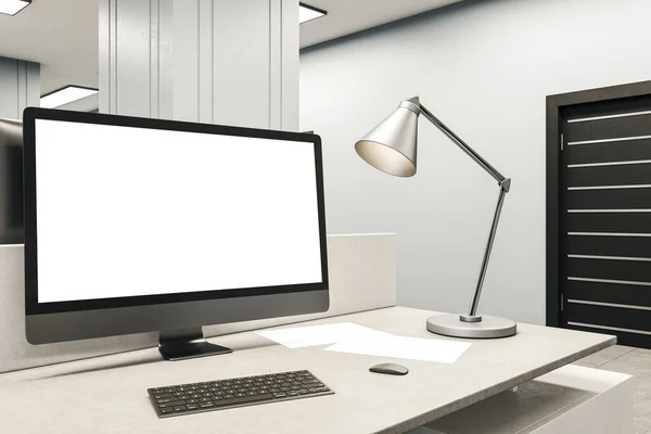 Designer desktop with empty white computer screen and lamp. Business and design concept. Mock up, 3D Rendering