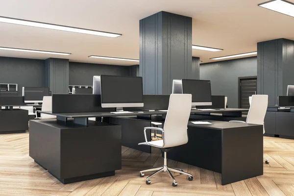 Interior Contemporáneo Oficina Coworking Con Ordenadores Muebles Lugar Trabajo Concepto —  Fotos de Stock