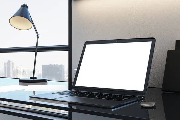 Designer desktop with blank white laptop screen and lamp. Business and design concept. Mock up, 3D Rendering