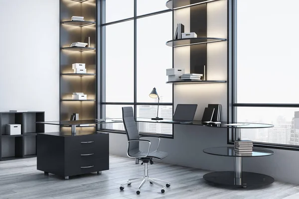 Modern director's office with laptop and equipment on table. Workplace and corporate concept. 3D Rendering