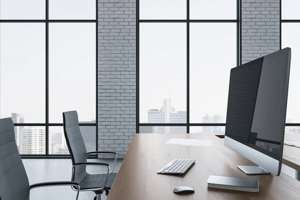 Contemporary Coworking Office Room Equipment Computer Megapolis City View Rendering — Stock Photo, Image