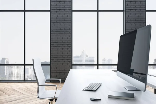 Modern Coworking Office Room Equipment Computer Megapolis City View Rendering — Stock Photo, Image