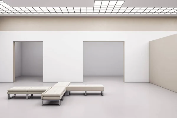 Minimalistic exhibition hall interior with copyspace on concrete wall and bench.  Gallery and presentation concept.  Mock up, 3D Rendering