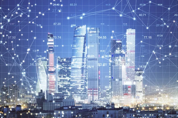 Point Exchange Statistieken Hologram Wazige Stad Achtergrond Handels Investeringsconcept Meervoudige — Stockfoto