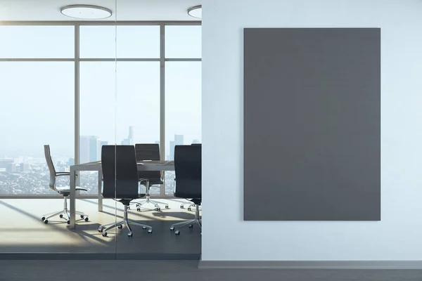 会议室墙上的空白灰色广告牌 工作场所和生活方式的概念 3D渲染 — 图库照片