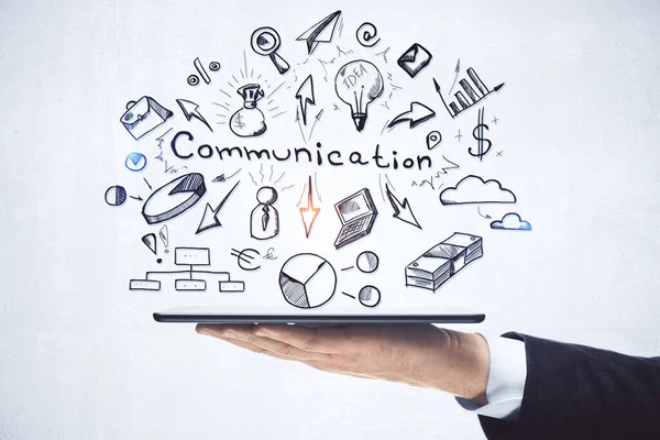 Hand Hålla Digital Tablett Med Ritning Kommunikation Affärs Skiss Kommunikations — Stockfoto