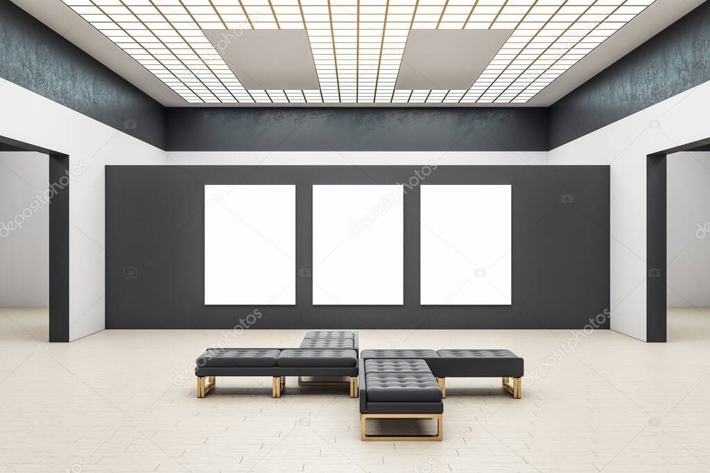 Contemporary gallery interior with three empty banners on black wall and bench. Museum and exhibition concept. Mock up, 3D Rendering