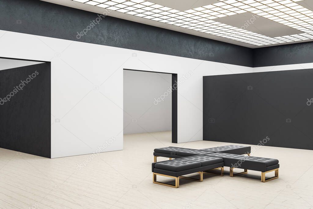 Contemporary gallery hall with empty black wall and bench. Gallery concept. Mock up, 3D Rendering