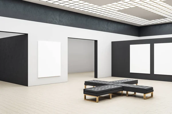 Minimalistic gallery interior with empty banners on black wall and bench. Museum and exhibition concept. Mock up, 3D Rendering
