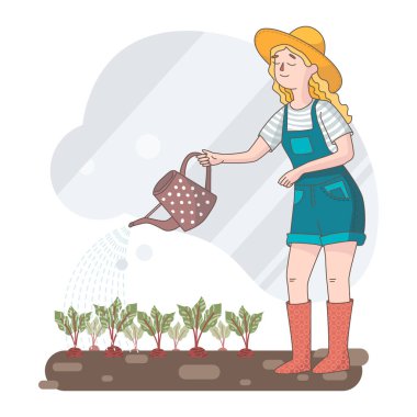 Bahçıvan kız tahta bir kutuda sebze topluyor.