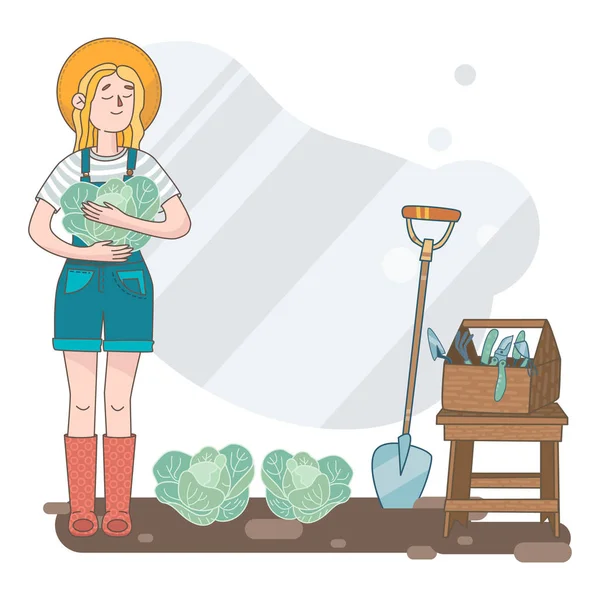 Rapariga Segurar Couve Jardineiro Está Colher Repolho Cresce Jardim Ferramentas — Vetor de Stock