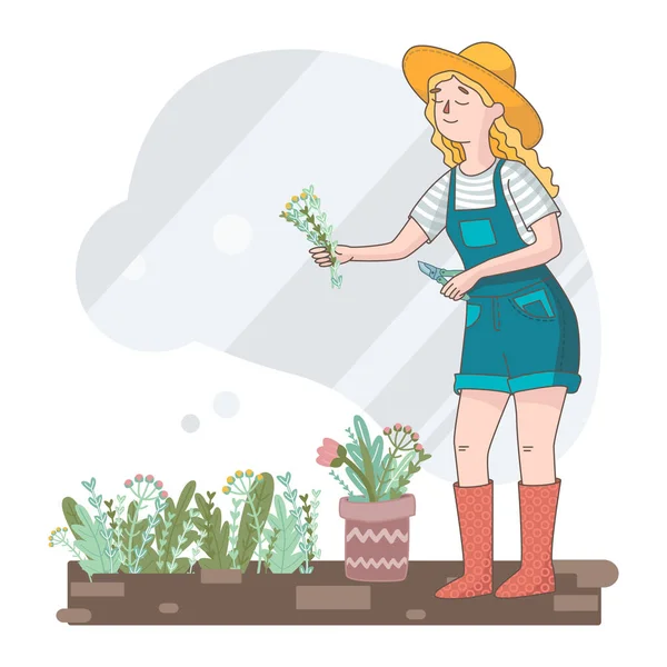 Bahçedeki Bahçıvan Kız Bir Buket Çiçek Toplayacak — Stok Vektör