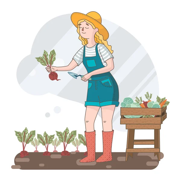 Jardinière Fille Récolte Des Légumes Dans Une Boîte Bois — Image vectorielle