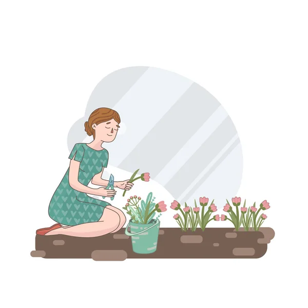 Menina Está Plantando Mudas Jardim —  Vetores de Stock