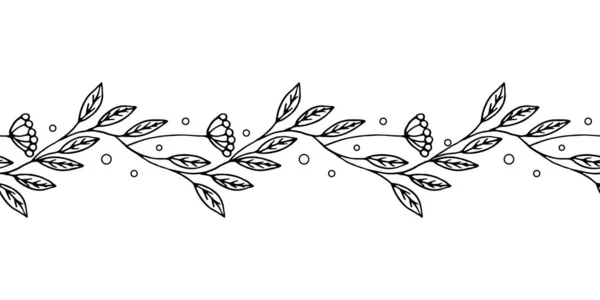 Sömlös gräns av svarta blommor på en vit bakgrund i klotter stil. Dekoration för bröllopskort. Vacker blommig prydnad för semester dekoration. Gratulationskort mall. Tyg dekoration — Stock vektor