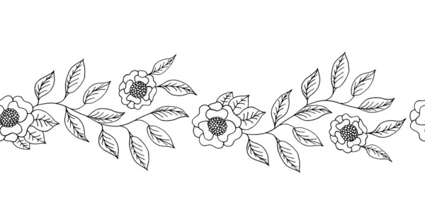Naadloze rand van zwarte bloemen op een witte achtergrond in doodle stijl. Decoratie voor trouwkaarten. Mooie bloemen ornament voor vakantie decoratie. Wenskaart template. Stofversiering — Stockvector