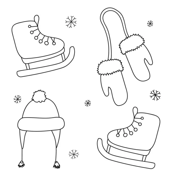 冬季主题涂鸦集。 手套，冰鞋，帽子，雪花。 贺卡、海报、贴纸和季节性设计的元素。 冬天的主题 新年。 圣诞黑白涂鸦画图 — 图库矢量图片