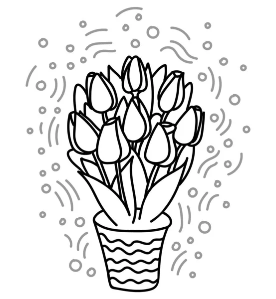 将郁金香在花盆中以涂鸦的形式孤立地画在一起。 为母亲节、生日、邀请卡设计、礼品包装、派对装饰制作精美盆栽花. 黑白画，着色 — 图库矢量图片
