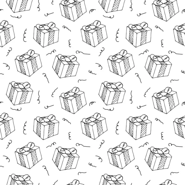 Vektor nahtlose Muster aus Geschenkboxen mit Schleifen im Doodle-Stil gezeichnet. Themen Neujahr, Weihnachten, Valentinstag, Geburtstag, Jubiläum, Hochzeit. Geschenkpapier. Schmuck für eine Grußkarte — Stockvektor