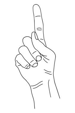 El hareketi, işaret parmağı yukarı. Parmakları sayıyorum. Bir elin siyah beyaz çizimi. Çizgi çalışması. Logo grafik tasarımı beyaz arka planda izole edildi. Göster, karar ver, göster