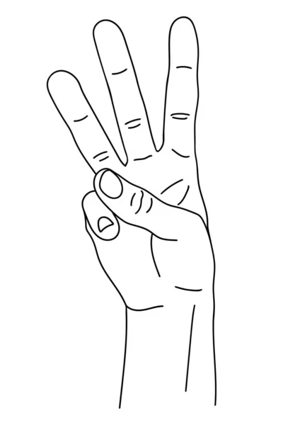 Gesto en forma de tres dedos, índice, medio y sin nombre, elevado hacia arriba. La mano muestra el número tres en los dedos. Patrón aislado en blanco y negro. Diseño del sitio web, ilustración — Vector de stock