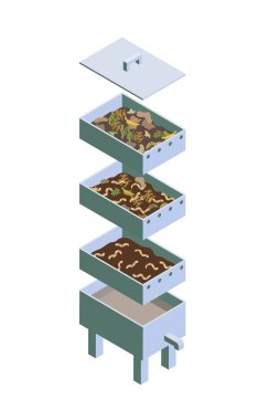 Vermicomposting, striped worms that process organic waste from the kitchen, a selective approach. The ecological approach. Zero waste. Composting organic waste. Recycling garbage. Isometry clipart