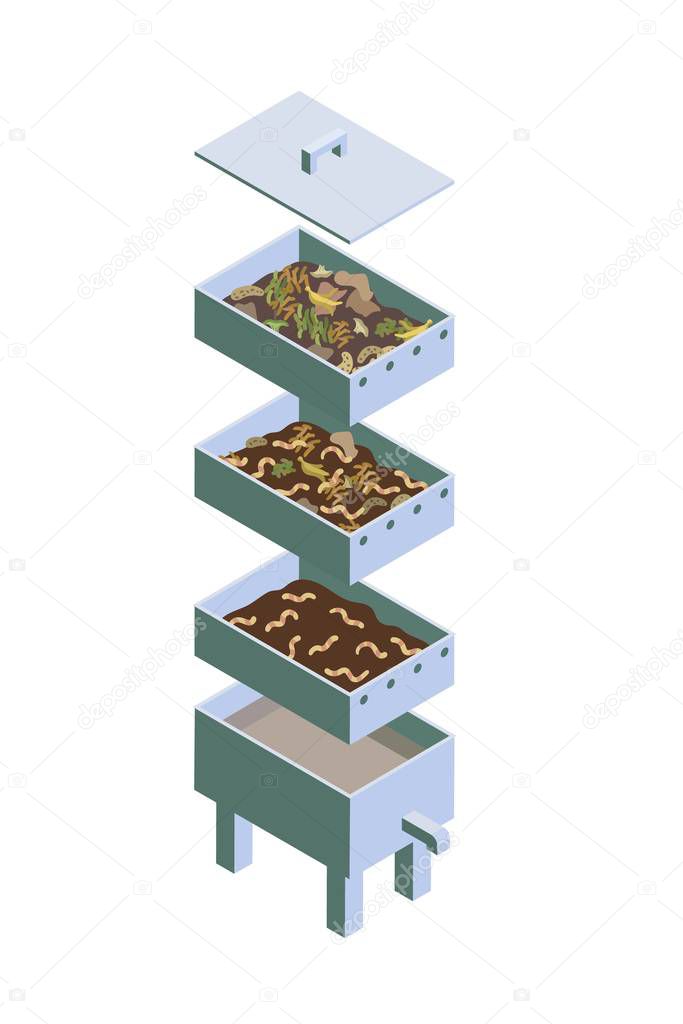 Vermicomposting, striped worms that process organic waste from the kitchen, a selective approach. The ecological approach. Zero waste. Composting organic waste. Recycling garbage. Isometry