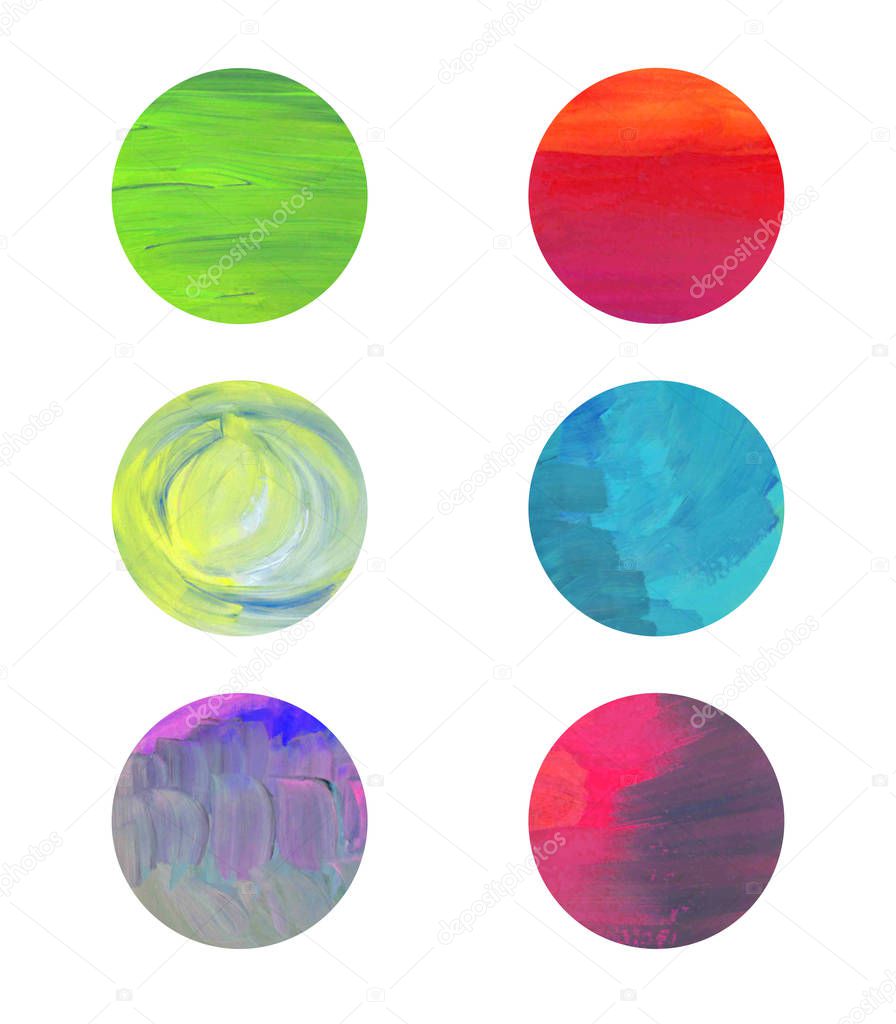 Set of abstract circles isolated on white. Colored vibrant textures. Circles in saturated colors. Painted illustration for logo, design. Green, blue, red, purple gouache strokes