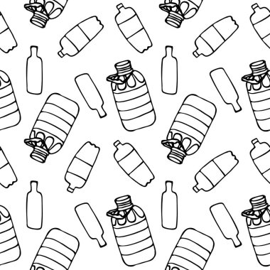 Plastik şişeli siyah beyaz desenli. Plastik atıkları geri dönüşümle ilgili bir site için desen. Çevresel tüketim sorunu. Doğrusal basit vektör çizimi. Tek kullanımlık şişeler