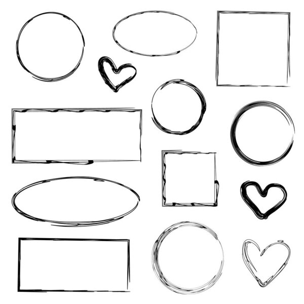 Set of 13 different isolated frames for graphic design, decoration of social networks. Frames of square, rectangular, oval shape and in the form of hearts. Black grunge lines drawn with a brush