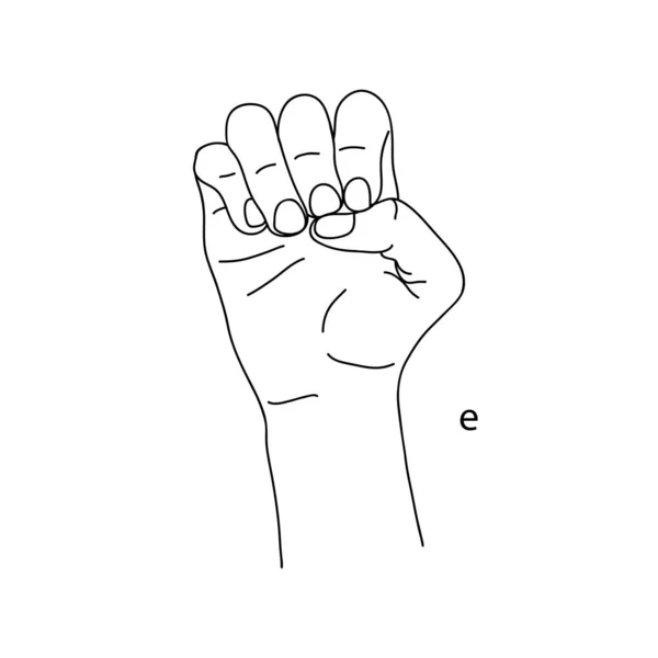E is the fifth letter of the alphabet in sign language. Vector graphic image of a hand. The language of the deaf and dumb. Line drawing. Black and white illustration. Fingers folded in the letter e.