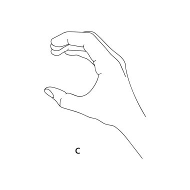 C, işaret dilinde alfabenin üçüncü harfidir. Bir elin vektör grafik görüntüsü. Sağır ve dilsizlerin dili. Çizgi çizimi. Siyah beyaz çizim. Parmaklar C harfinde katlandı